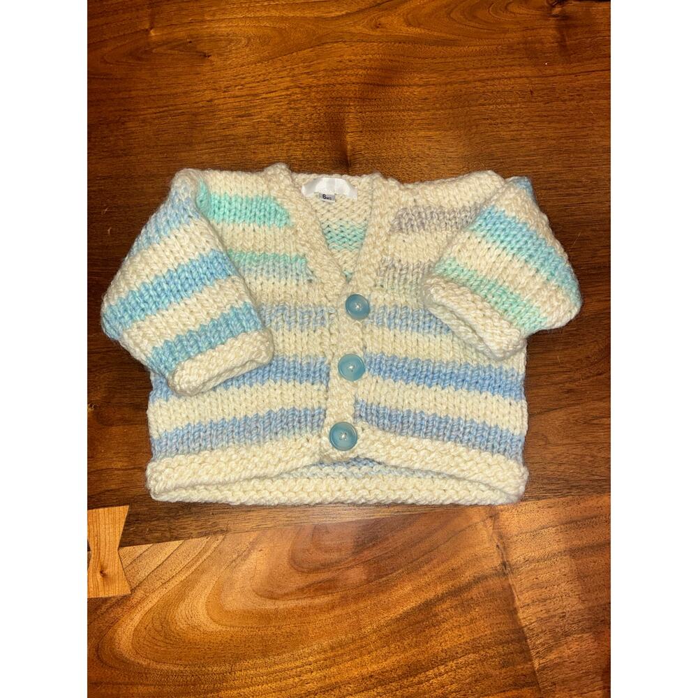 Beautiful handmade baby cardigan blue and‎ white striped 6 months